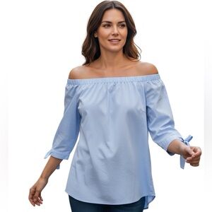 NEIMAN MARCUS LUXE OFF SHOULDER BUTTON DOWN BACK BLUE COTTON POPLIN BLOUSE TOP M